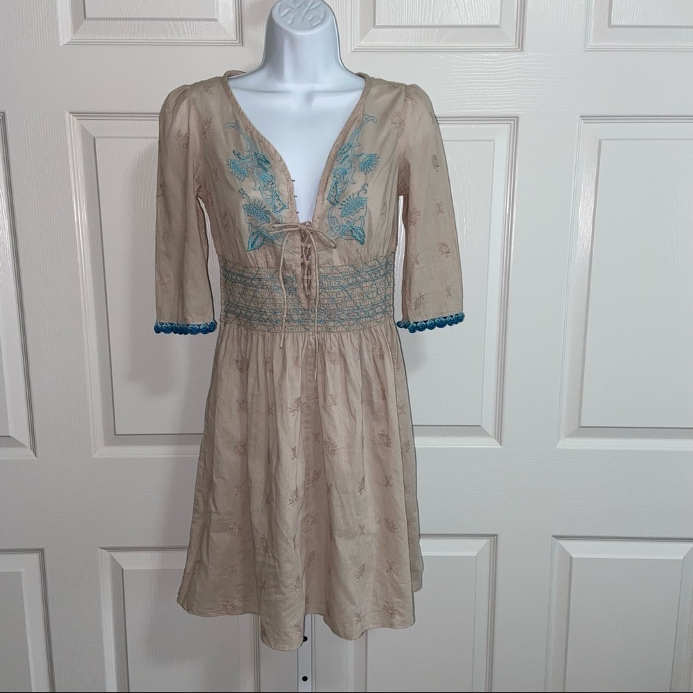 Odd Molly Embroidered Dress Smocked Waist Crochet Trim Sleeves Lace Up Front